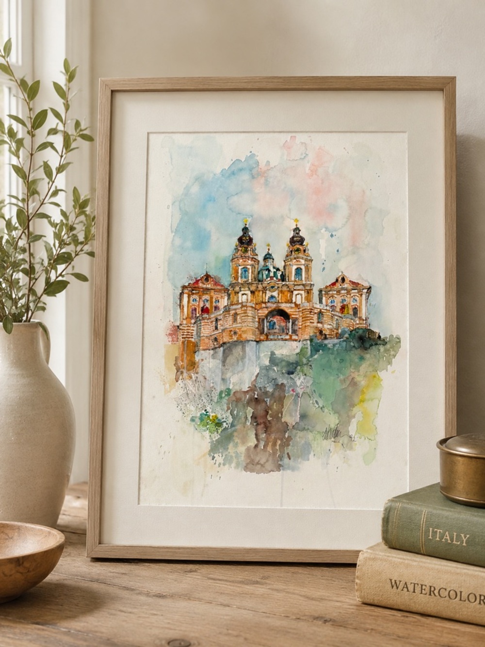 Original Watercolor Painting Melk Abbey Austria Signed European Architectural